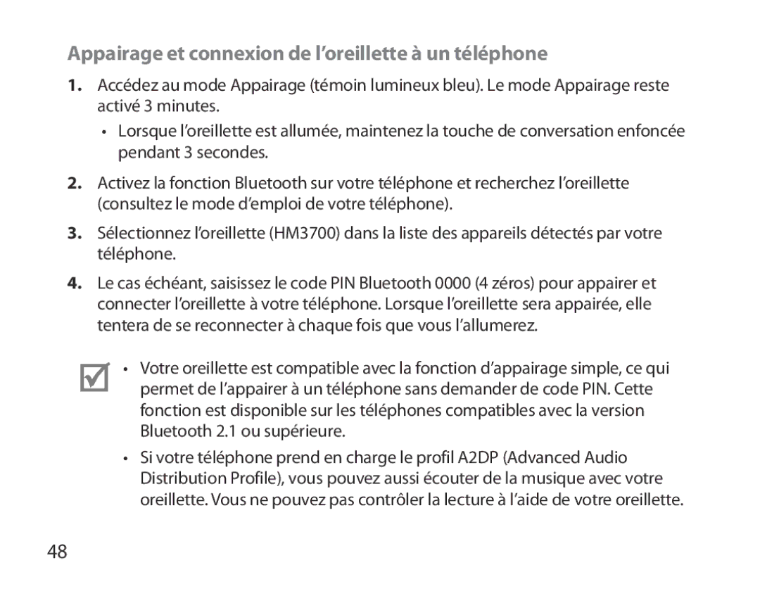 Samsung BHM3700EDEGXEF, BHM3700EDECXEF, BHM3700EDECXEH, BHM3700EDEGXEH Appairage et connexion de l’oreillette à un téléphone 