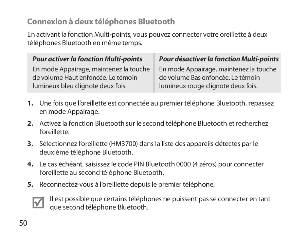 Samsung BHM3700EDECXEH, BHM3700EDEGXEF manual Connexion à deux téléphones Bluetooth, Pour activer la fonction Multi-points 