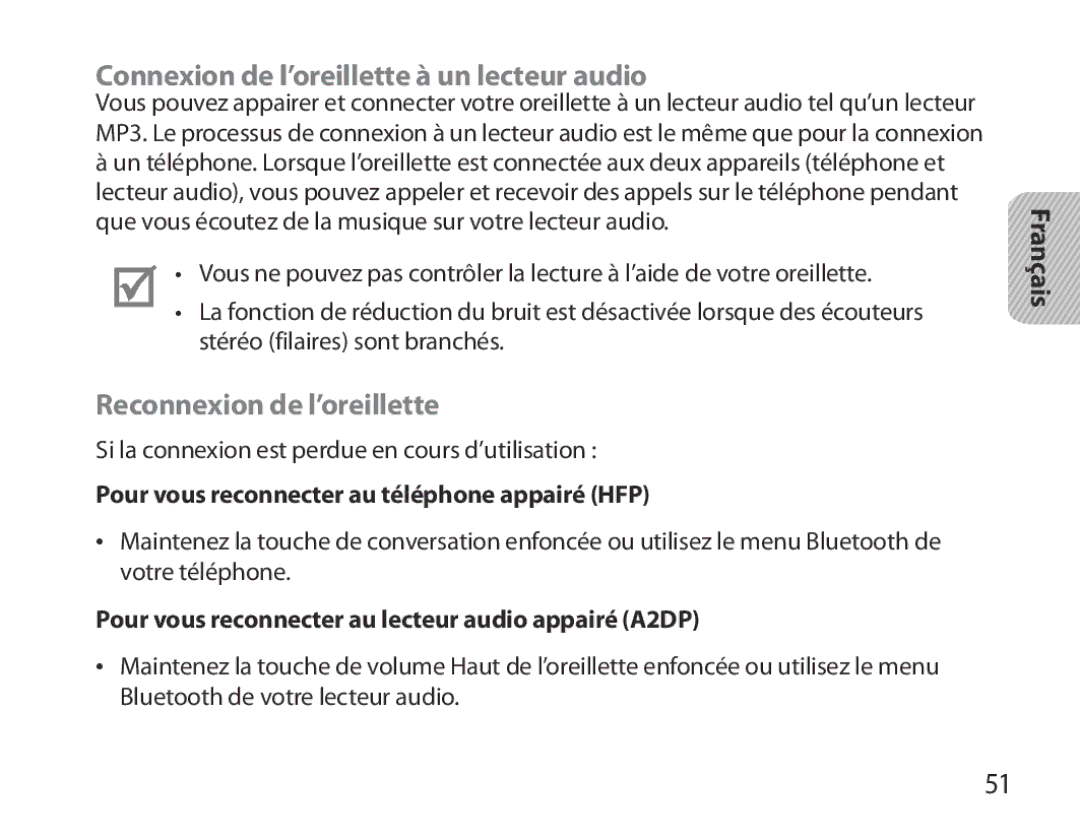 Samsung BHM3700EDEGXEH, BHM3700EDEGXEF manual Connexion de l’oreillette à un lecteur audio, Reconnexion de l’oreillette 