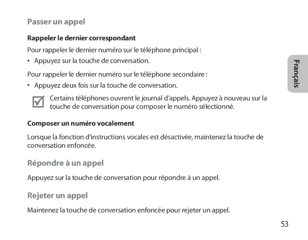 Samsung BHM3700EDEGXEF manual Passer un appel, Répondre à un appel, Rejeter un appel, Rappeler le dernier correspondant 