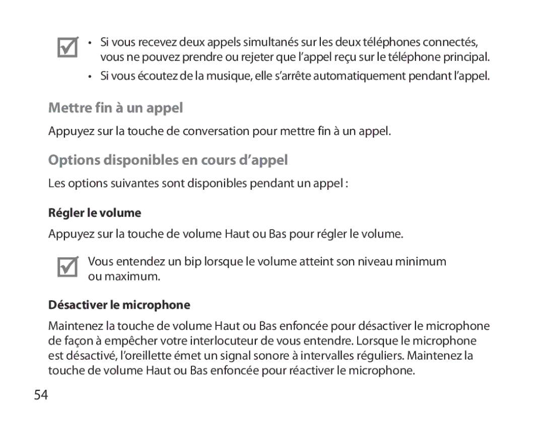 Samsung BHM3700EDECXEF, BHM3700EDEGXEF manual Mettre fin à un appel, Options disponibles en cours d’appel, Régler le volume 