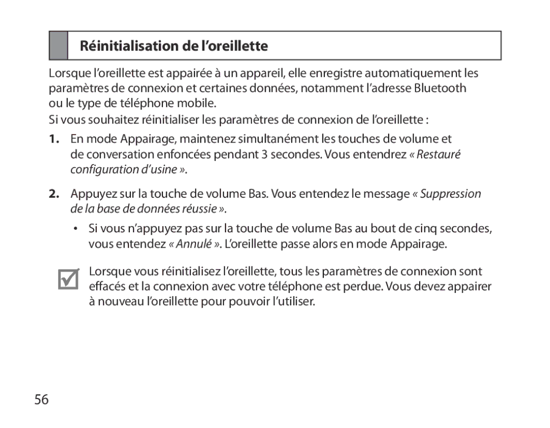 Samsung BHM3700EDEGXEH, BHM3700EDEGXEF, BHM3700EDECXEF, BHM3700EDECXEH, BHM3700EDRCSER manual Réinitialisation de l’oreillette 