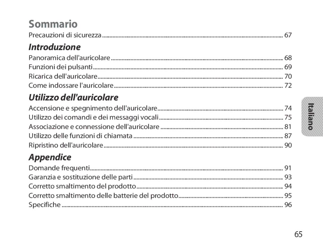 Samsung BHM3700EDECXEH, BHM3700EDEGXEF, BHM3700EDECXEF, BHM3700EDEGXEH, BHM3700EDRCSER manual Sommario, Italiano 