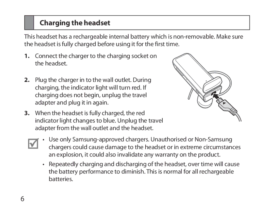 Samsung BHM3700EDEGXEH, BHM3700EDEGXEF, BHM3700EDECXEF, BHM3700EDECXEH, BHM3700EDRCSER manual Charging the headset 