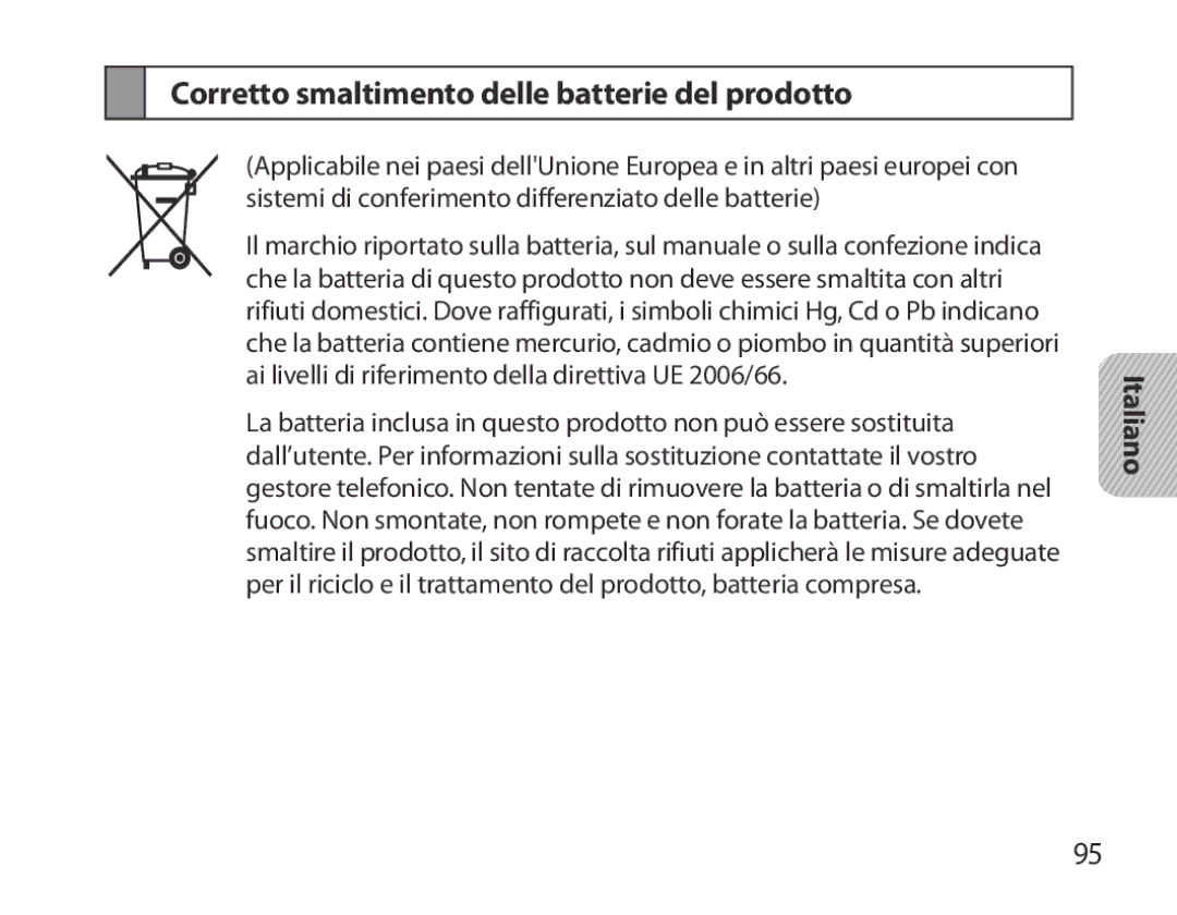 Samsung BHM3700EDECXEH, BHM3700EDEGXEF, BHM3700EDECXEF, BHM3700EDEGXEH manual Corretto smaltimento delle batterie del prodotto 