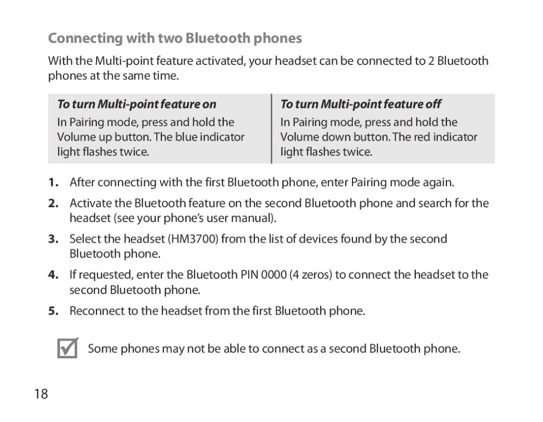 Samsung BHM3700EDEGXEF, BHM3700EDECXEF manual Connecting with two Bluetooth phones, To turn Multi-point feature off 