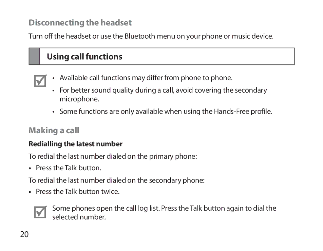 Samsung BHM3700EDECXEH manual Disconnecting the headset, Using call functions, Making a call, Redialling the latest number 