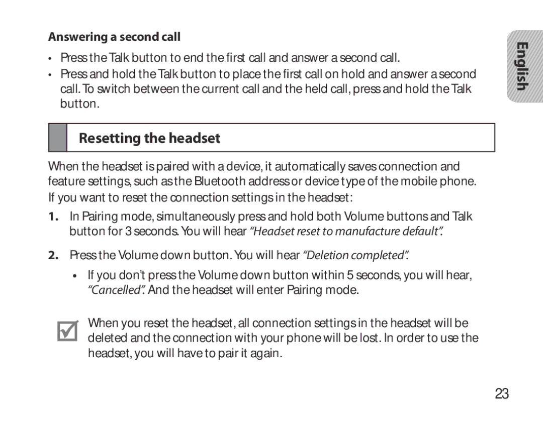 Samsung BHM3700EDEGXEF, BHM3700EDECXEF, BHM3700EDECXEH, BHM3700EDEGXEH manual Resetting the headset, Answering a second call 