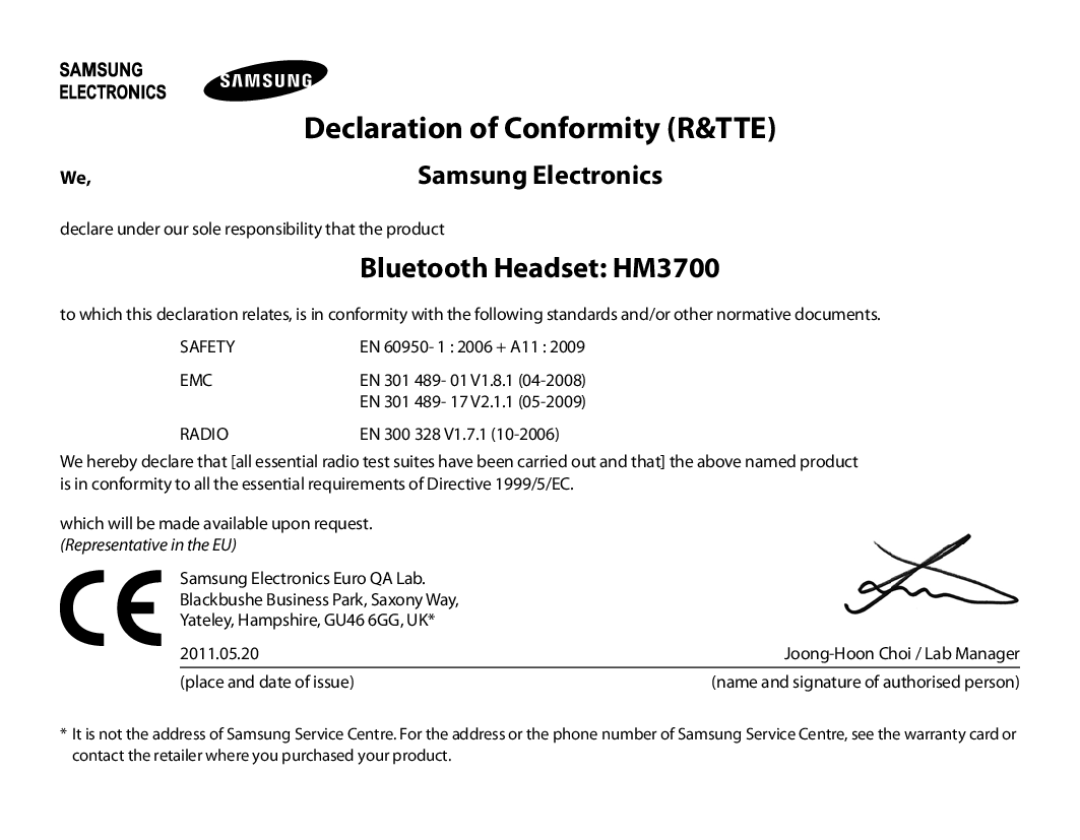 Samsung BHM3700EDECXEH, BHM3700EDEGXEF manual Bluetooth Headset HM3700, Declaration of Conformity R&TTE, Samsung Electronics 