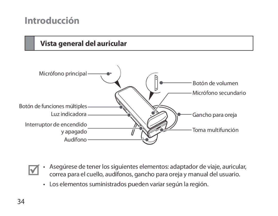 Samsung BHM3700EDECXEF, BHM3700EDEGXEF, BHM3700EDECXEH, BHM3700EDEGXEH manual Introducción, Vista general del auricular 