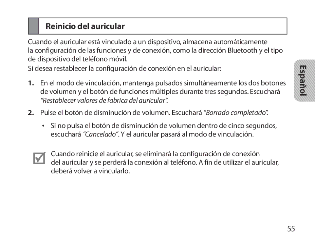 Samsung BHM3700EDECXEH, BHM3700EDEGXEF, BHM3700EDECXEF, BHM3700EDEGXEH, BHM3700EDRCSER manual Reinicio del auricular 