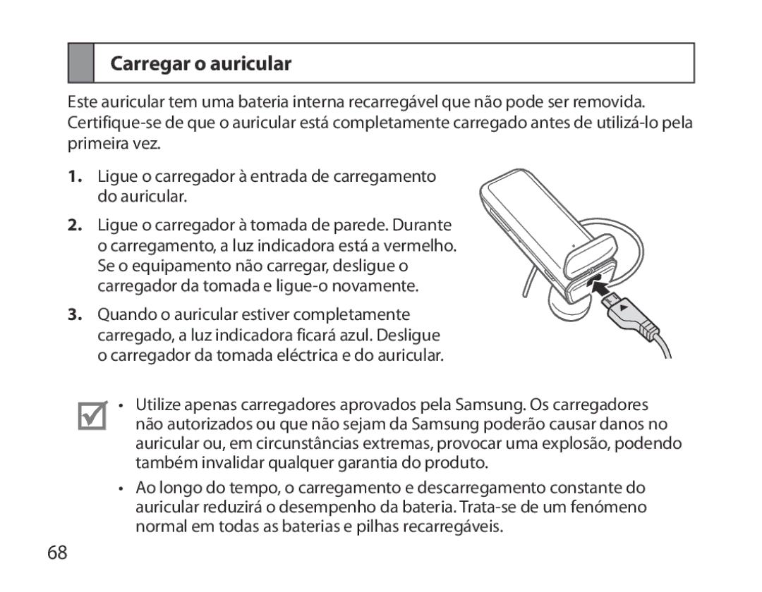 Samsung BHM3700EDEGXEF, BHM3700EDECXEF, BHM3700EDECXEH, BHM3700EDEGXEH, BHM3700EDRCSER manual Carregar o auricular 