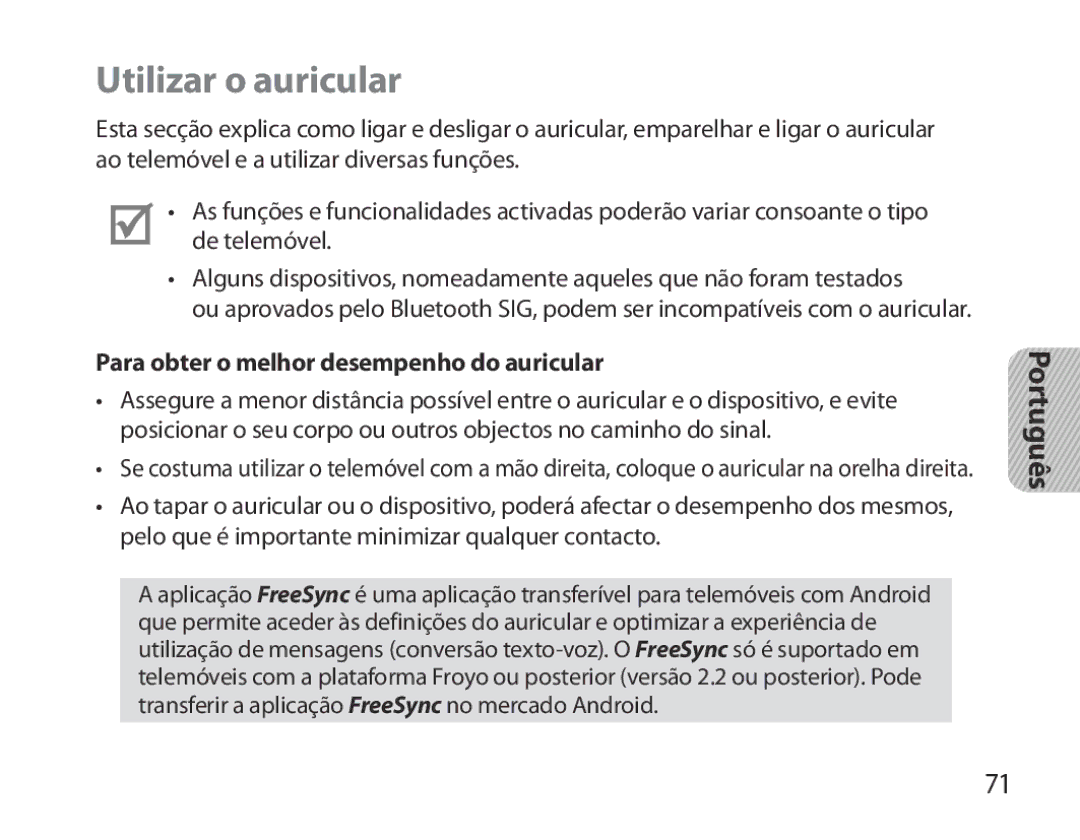 Samsung BHM3700EDEGXEH, BHM3700EDEGXEF, BHM3700EDECXEF Utilizar o auricular, Para obter o melhor desempenho do auricular 