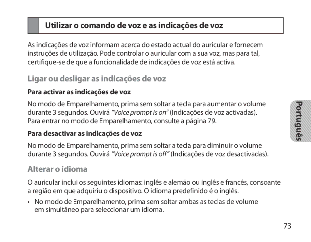 Samsung BHM3700EDEGXEF manual Utilizar o comando de voz e as indicações de voz, Ligar ou desligar as indicações de voz 