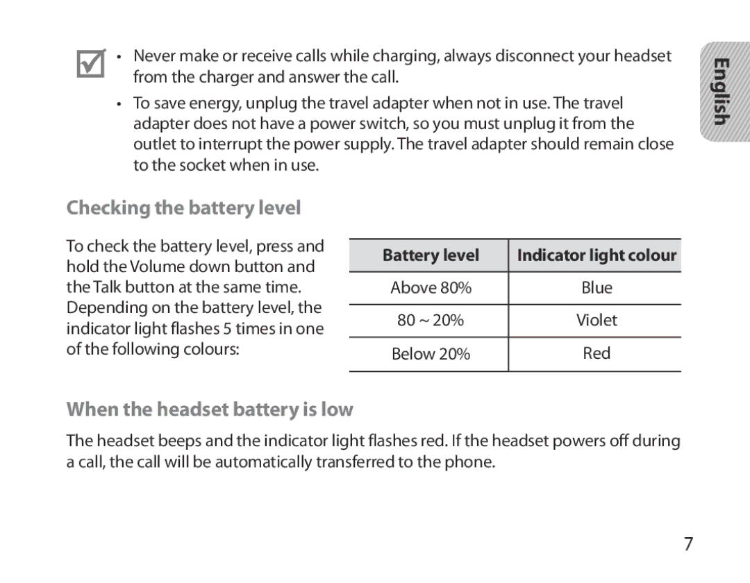 Samsung BHM3700EDRCSER, BHM3700EDEGXEF Checking the battery level, When the headset battery is low, English, Battery level 