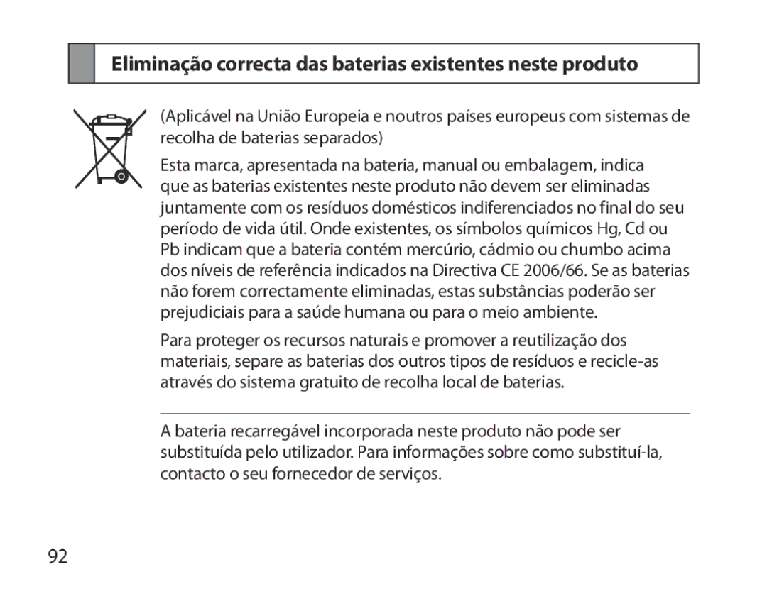 Samsung BHM3700EDRCSER, BHM3700EDEGXEF, BHM3700EDECXEF manual Eliminação correcta das baterias existentes neste produto 