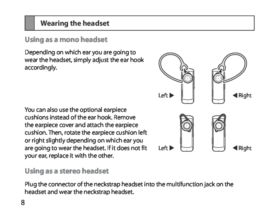 Samsung BHM3700EDEGXEF, BHM3700EDECXEF manual Wearing the headset, Using as a mono headset, Using as a stereo headset 