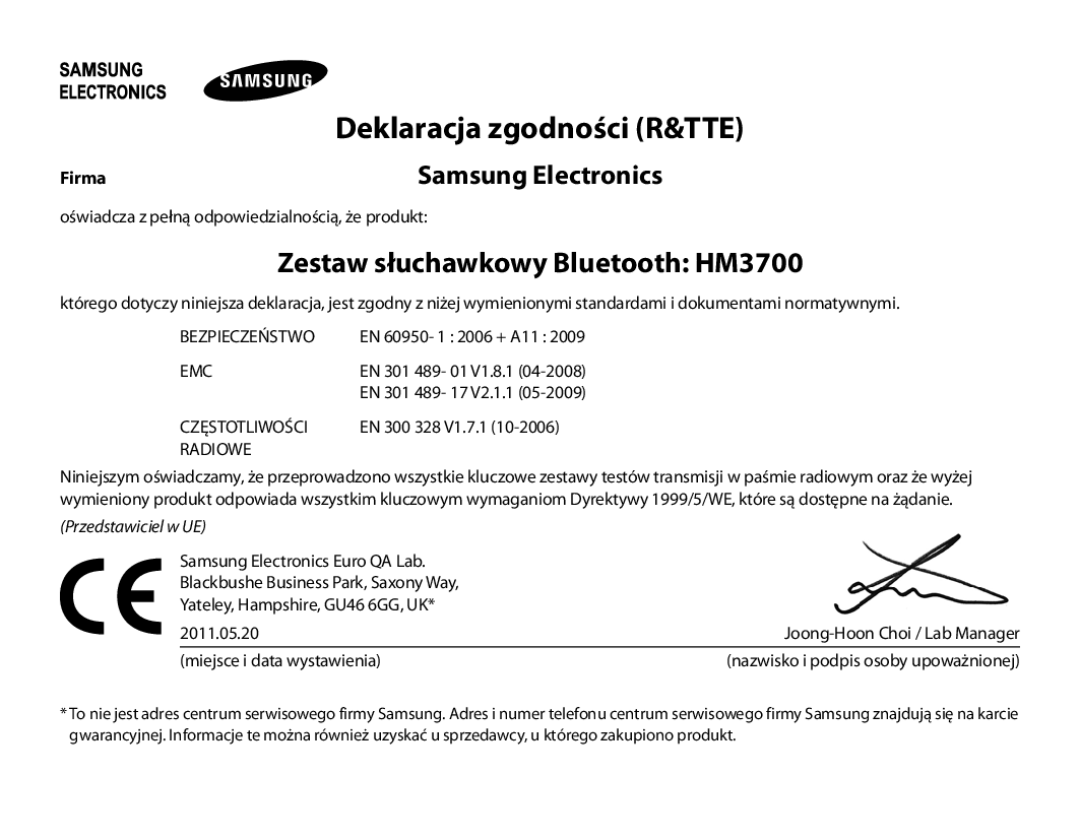 Samsung BHM3700EDRCSER, BHM3700EDEGXEF, BHM3700EDECXEF manual Zestaw słuchawkowy Bluetooth HM3700, Firma, Przedstawiciel w UE 