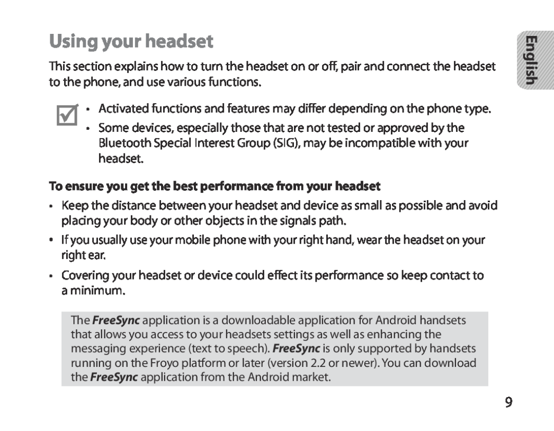Samsung BHM3700EDECXEF manual Using your headset, English, To ensure you get the best performance from your headset 