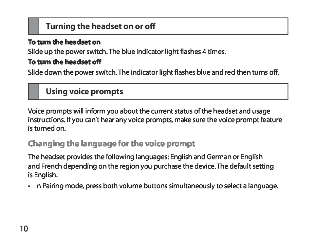 Samsung BHM3700EDECXEH Turning the headset on or off, Using voice prompts, Changing the language for the voice prompt 