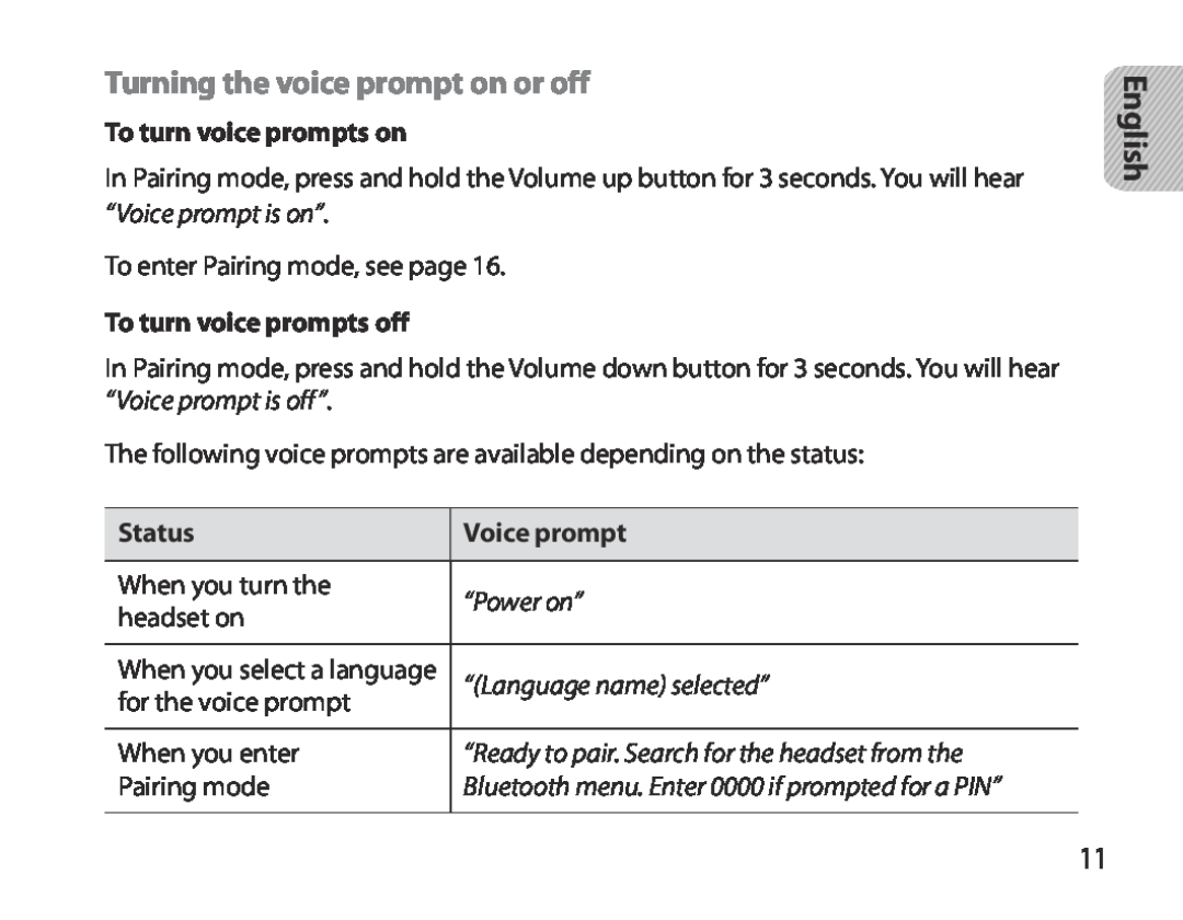 Samsung BHM3700EDEGXEH Turning the voice prompt on or off, “Voice prompt is on”, “Power on”, “Language name selected” 