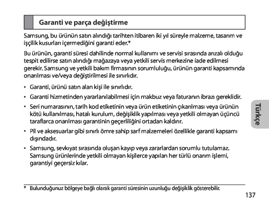Samsung BHM3700EDRCSER, BHM3700EDEGXEF, BHM3700EDECXEF, BHM3700EDECXEH, BHM3700EDEGXEH Garanti ve parça değiştirme, Türkçe 