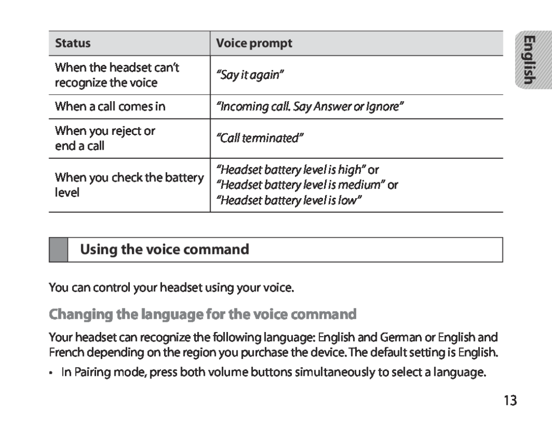 Samsung BHM3700EDEGXEF manual Using the voice command, Changing the language for the voice command, “Say it again”, English 