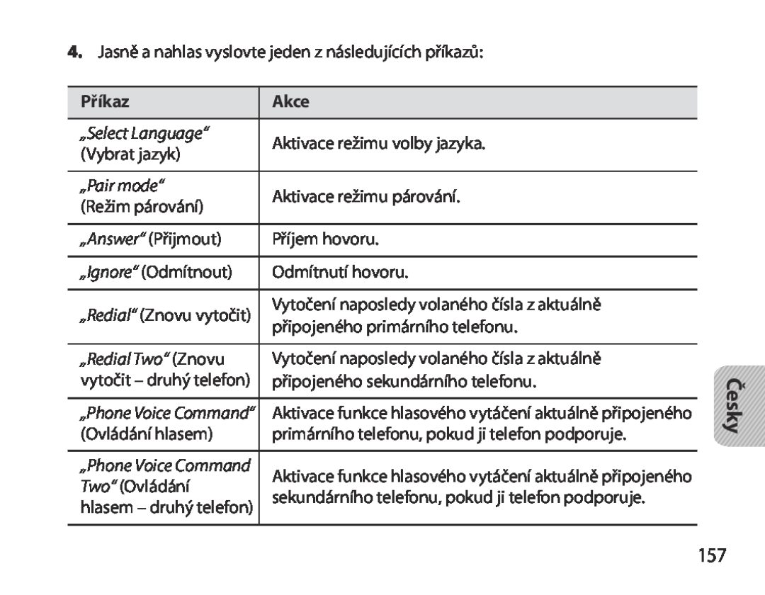 Samsung BHM3700EDRCSER Příkaz, Akce, „Select Language“, Aktivace režimu volby jazyka, Vybrat jazyk, „Pair mode“, Česky 