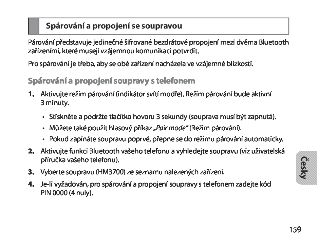 Samsung BHM3700EDECXEF manual Spárování a propojení se soupravou, Spárování a propojení soupravy s telefonem, Česky 