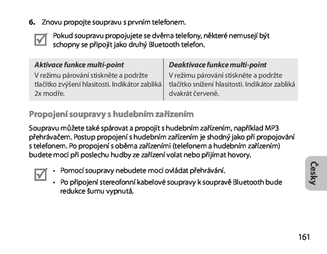 Samsung BHM3700EDEGXEH Propojení soupravy s hudebním zařízením, Aktivace funkce multi-point, Deaktivace funkce multi-point 