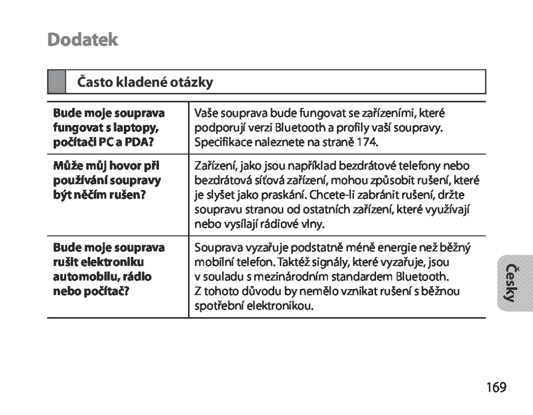 Samsung BHM3700EDECXEF, BHM3700EDEGXEF, BHM3700EDECXEH, BHM3700EDEGXEH, BHM3700EDRCSER Často kladené otázky, Dodatek, Česky 