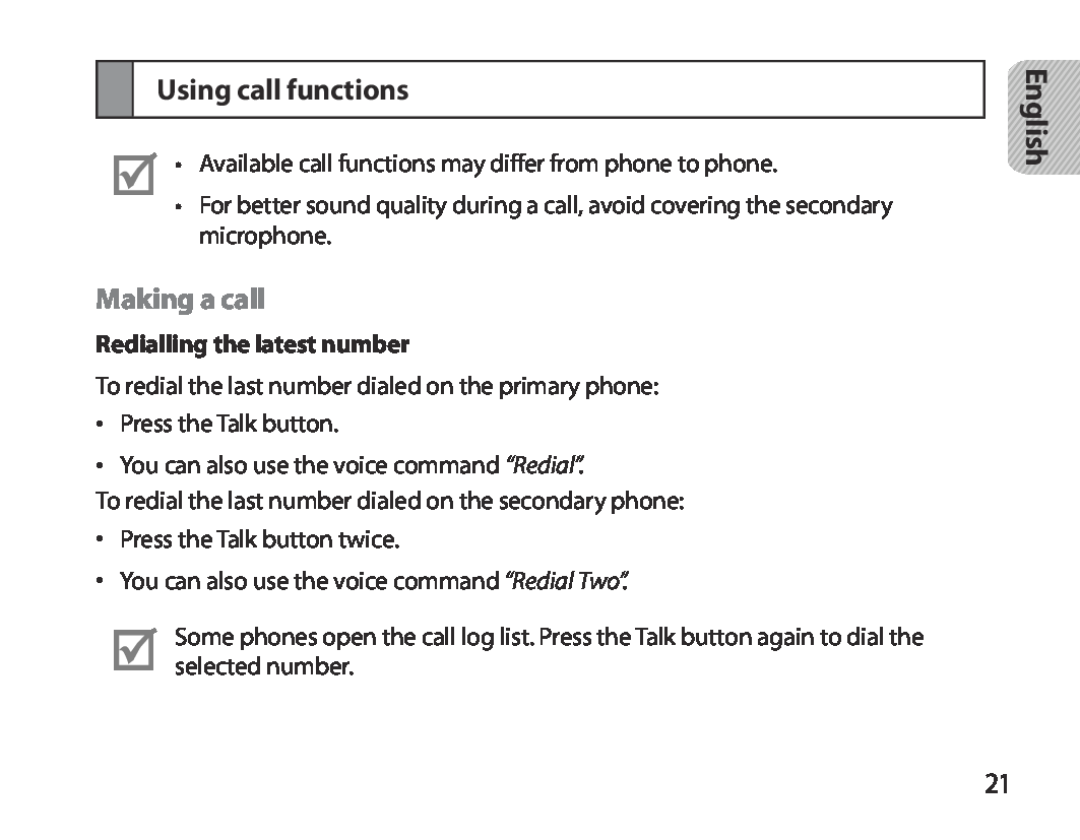 Samsung BHM3700EDEGXEH, BHM3700EDEGXEF, BHM3700EDECXEF, BHM3700EDECXEH manual Using call functions, Making a call, English 