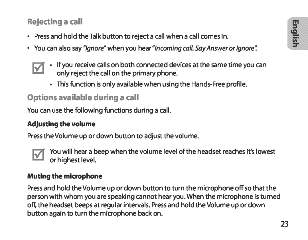 Samsung BHM3700EDEGXEF, BHM3700EDECXEF Rejecting a call, Options available during a call, English, Adjusting the volume 