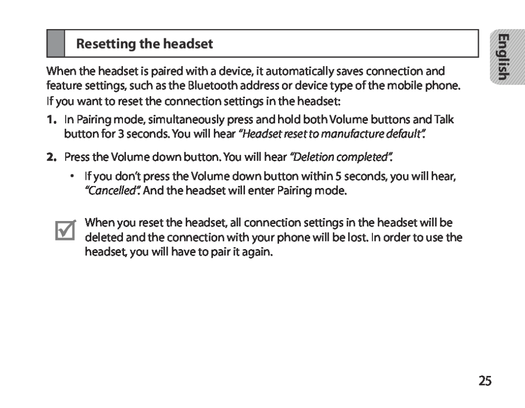 Samsung BHM3700EDECXEH, BHM3700EDEGXEF, BHM3700EDECXEF, BHM3700EDEGXEH, BHM3700EDRCSER manual Resetting the headset, English 