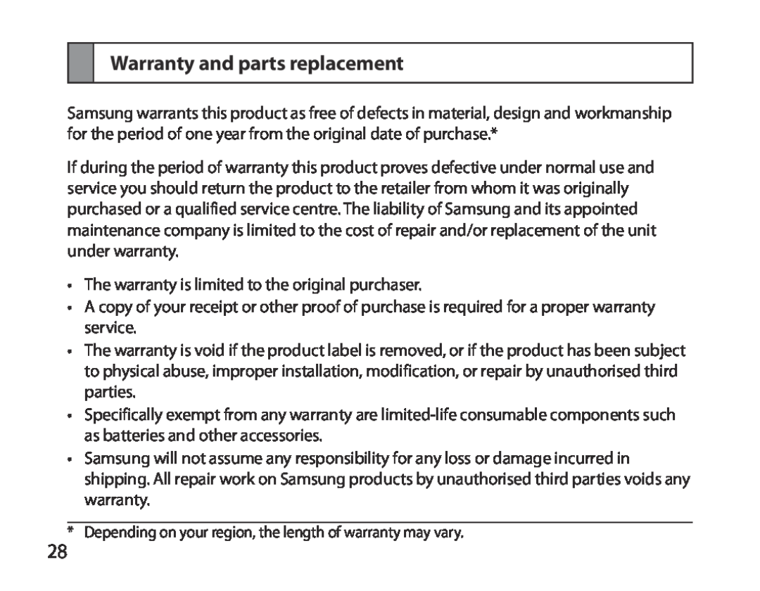 Samsung BHM3700EDEGXEF, BHM3700EDECXEF, BHM3700EDECXEH, BHM3700EDEGXEH, BHM3700EDRCSER manual Warranty and parts replacement 