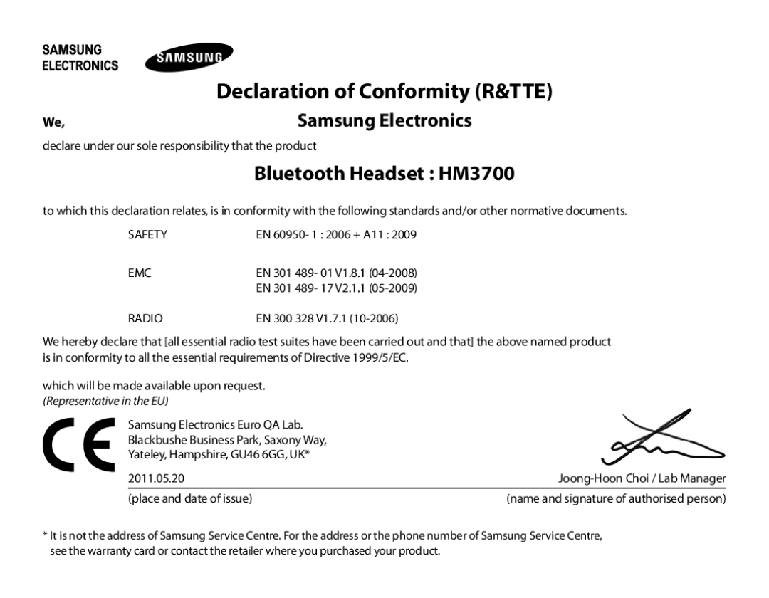 Samsung BHM3700EDRCSER, BHM3700EDEGXEF manual Bluetooth Headset HM3700, Declaration of Conformity R&TTE, Samsung Electronics 