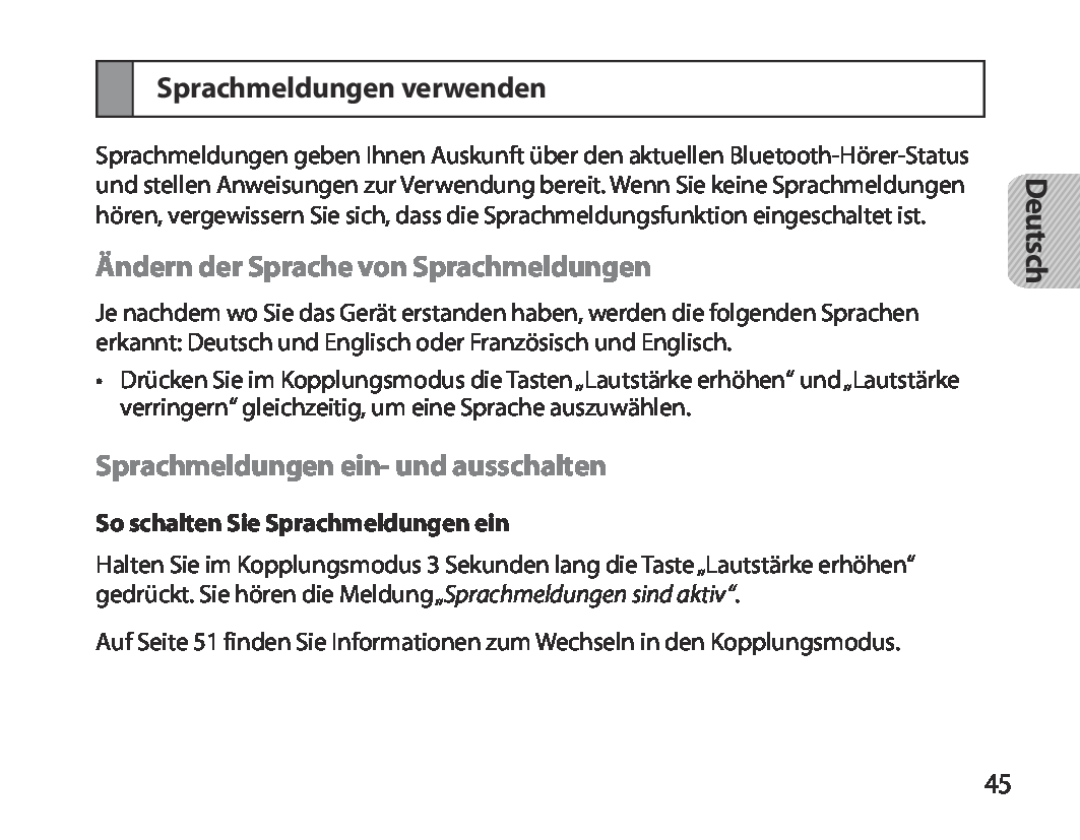 Samsung BHM3700EDECXEH, BHM3700EDEGXEF manual Sprachmeldungen verwenden, Ändern der Sprache von Sprachmeldungen, Deutsch 