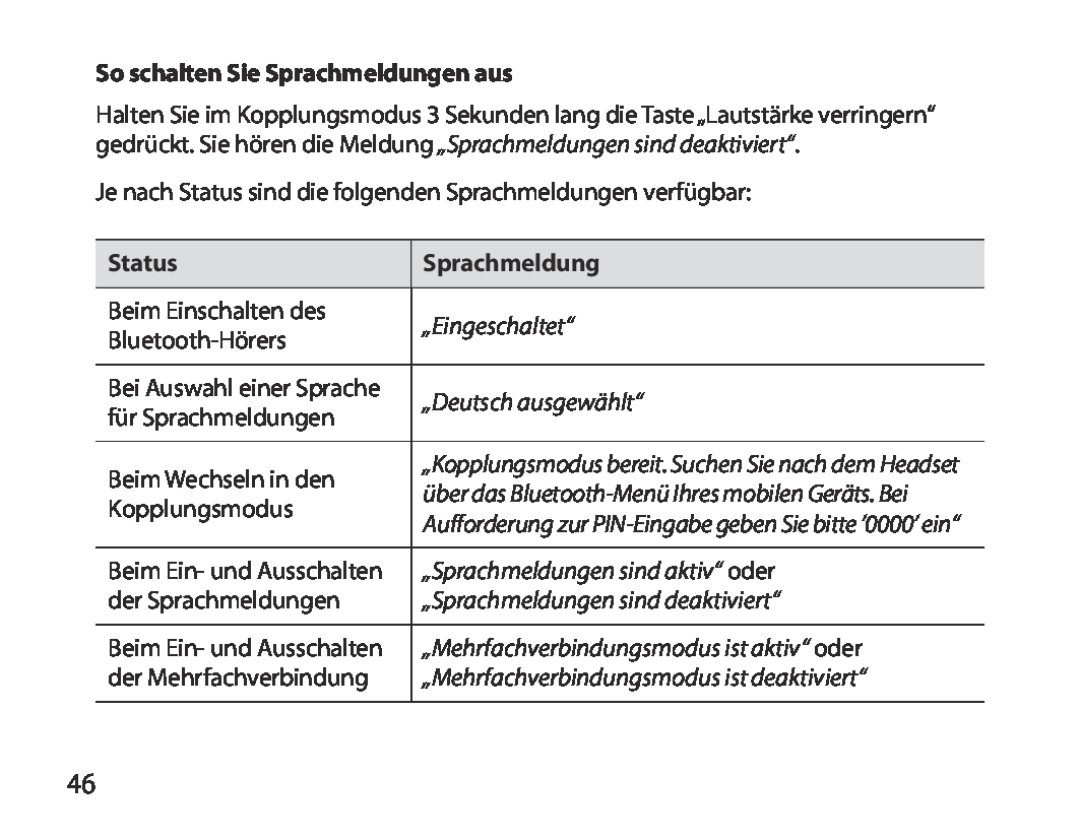 Samsung BHM3700EDEGXEH manual „Eingeschaltet“, „Deutsch ausgewählt“, über das Bluetooth-Menü Ihres mobilen Geräts. Bei 