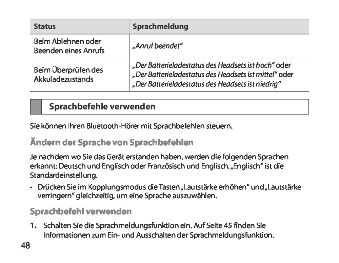 Samsung BHM3700EDEGXEF manual Sprachbefehle verwenden, Ändern der Sprache von Sprachbefehlen, Sprachbefehl verwenden 