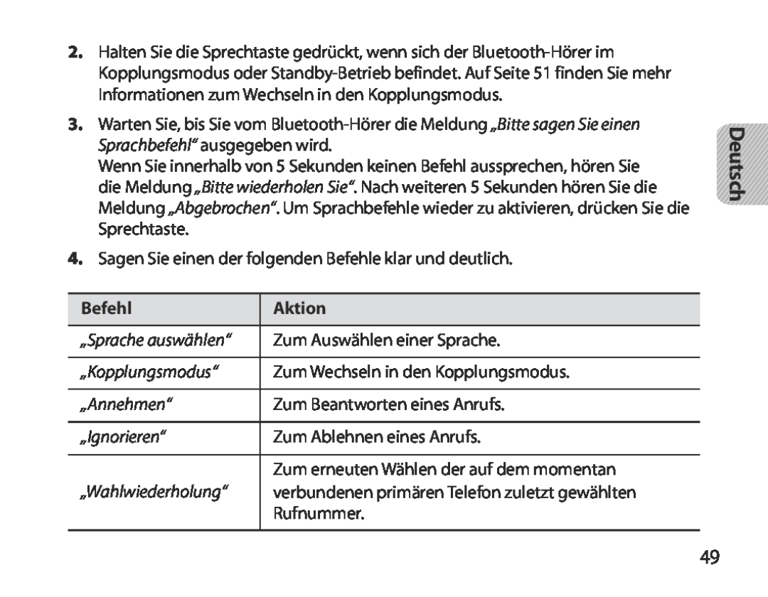 Samsung BHM3700EDECXEF Befehl, Aktion, „Sprache auswählen“, Zum Auswählen einer Sprache, „Kopplungsmodus“, „Annehmen“ 