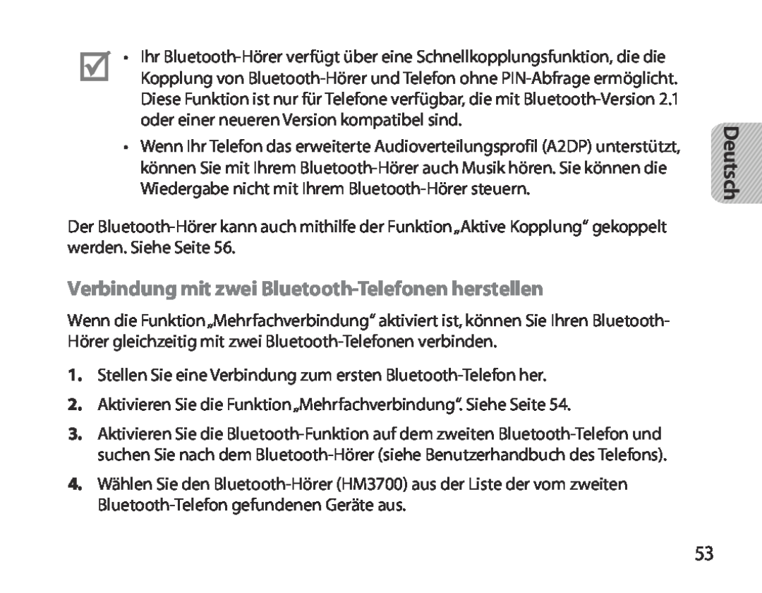 Samsung BHM3700EDEGXEF, BHM3700EDECXEF, BHM3700EDECXEH manual Verbindung mit zwei Bluetooth-Telefonen herstellen, Deutsch 