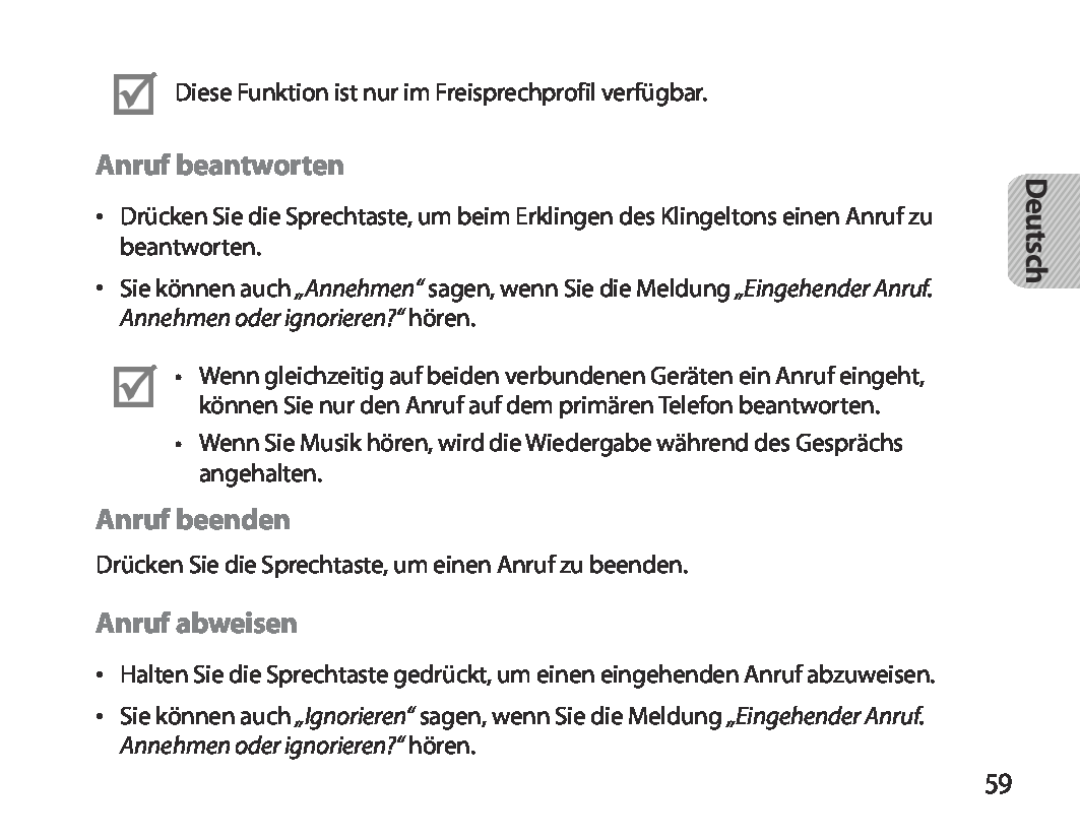 Samsung BHM3700EDECXEF, BHM3700EDEGXEF, BHM3700EDECXEH manual Anruf beantworten, Anruf beenden, Anruf abweisen, Deutsch 