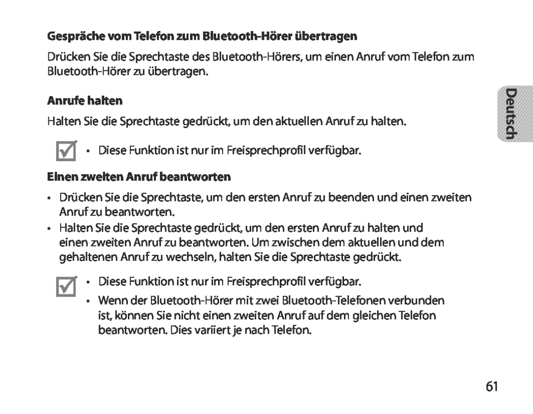 Samsung BHM3700EDEGXEH, BHM3700EDEGXEF manual Deutsch, Gespräche vom Telefon zum Bluetooth-Hörer übertragen, Anrufe halten 