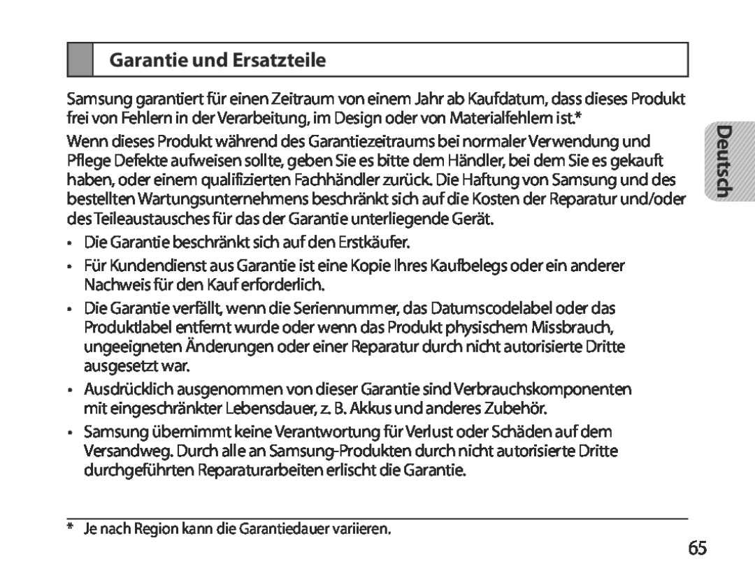 Samsung BHM3700EDECXEH, BHM3700EDEGXEF, BHM3700EDECXEF, BHM3700EDEGXEH, BHM3700EDRCSER manual Garantie und Ersatzteile, Deutsch 