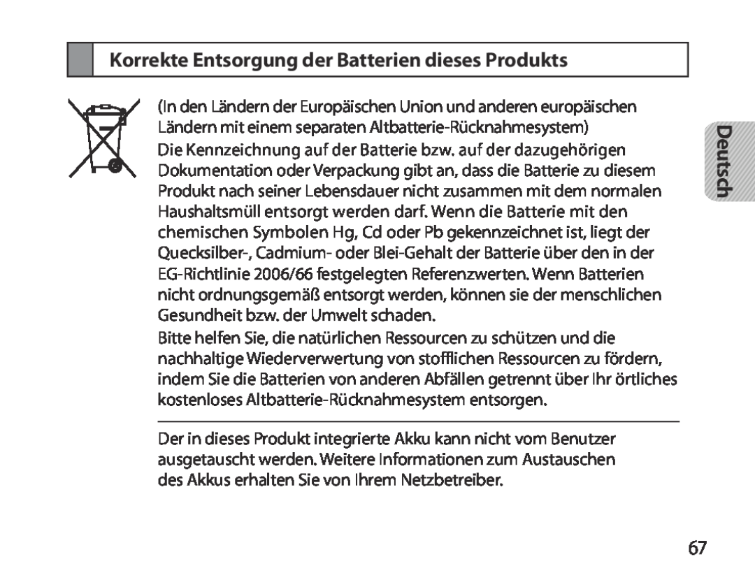 Samsung BHM3700EDRCSER, BHM3700EDEGXEF, BHM3700EDECXEF manual Korrekte Entsorgung der Batterien dieses Produkts, Deutsch 