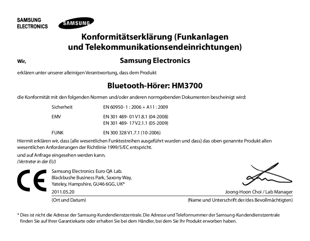 Samsung BHM3700EDECXEF, BHM3700EDEGXEF, BHM3700EDECXEH, BHM3700EDEGXEH, BHM3700EDRCSER manual Bluetooth-Hörer HM3700 