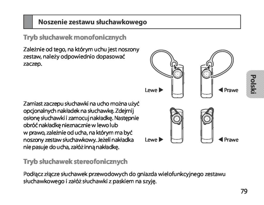 Samsung BHM3700EDECXEF Noszenie zestawu słuchawkowego, Tryb słuchawek monofonicznych, Tryb słuchawek stereofonicznych 