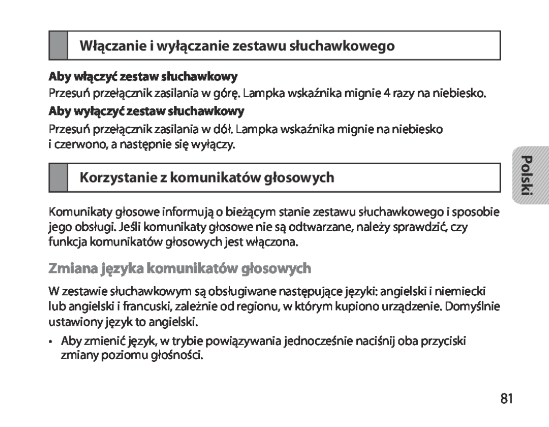 Samsung BHM3700EDEGXEH manual Włączanie i wyłączanie zestawu słuchawkowego, Korzystanie z komunikatów głosowych, Polski 