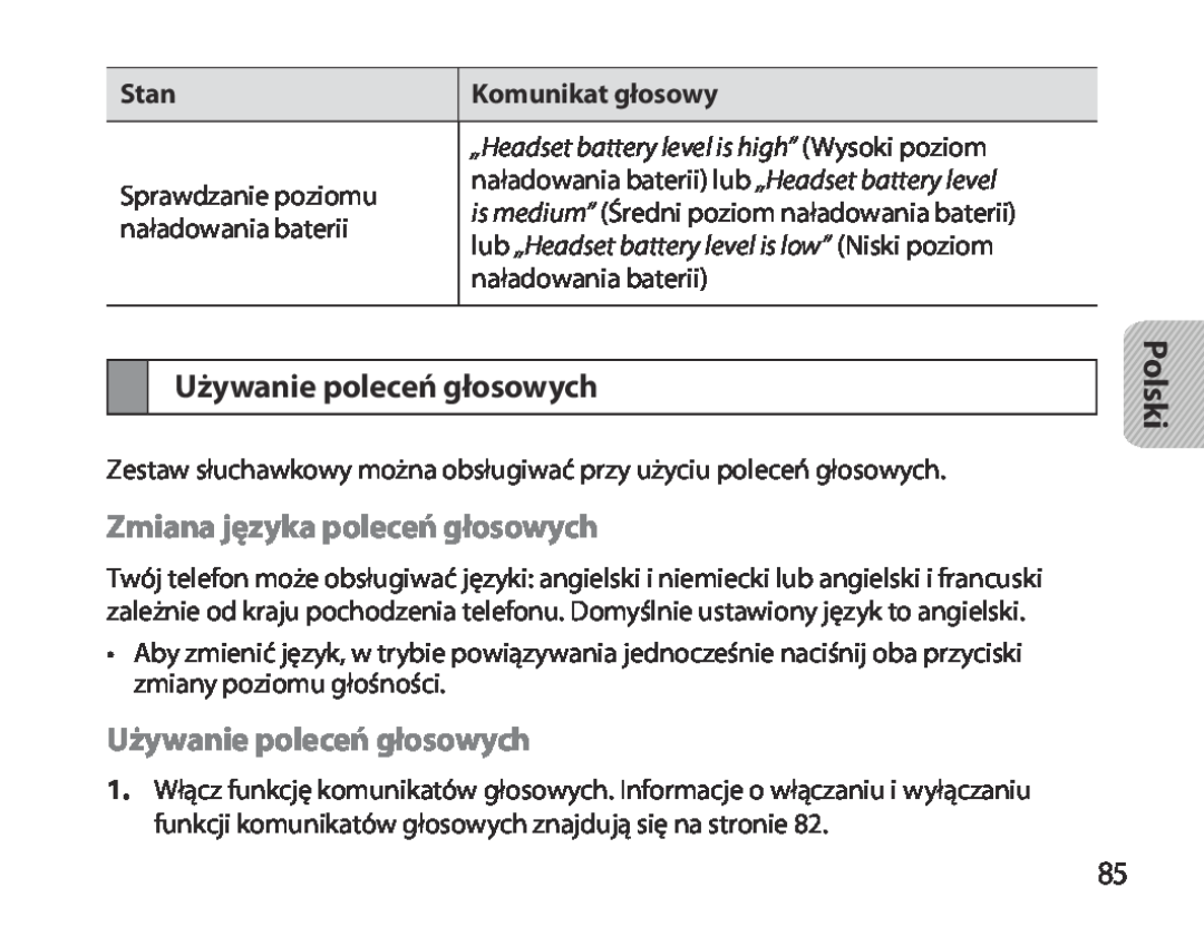 Samsung BHM3700EDECXEH Używanie poleceń głosowych, Zmiana języka poleceń głosowych, Sprawdzanie poziomu, Polski, Stan 
