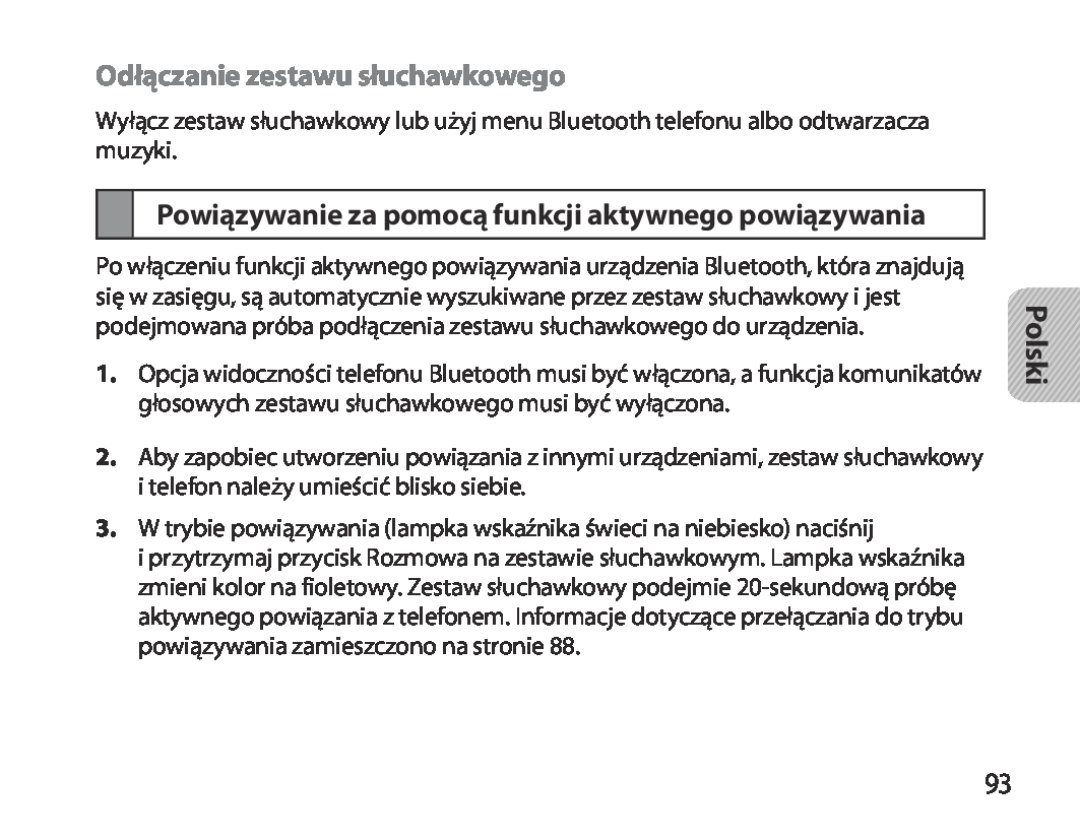 Samsung BHM3700EDEGXEF Odłączanie zestawu słuchawkowego, Powiązywanie za pomocą funkcji aktywnego powiązywania, Polski 